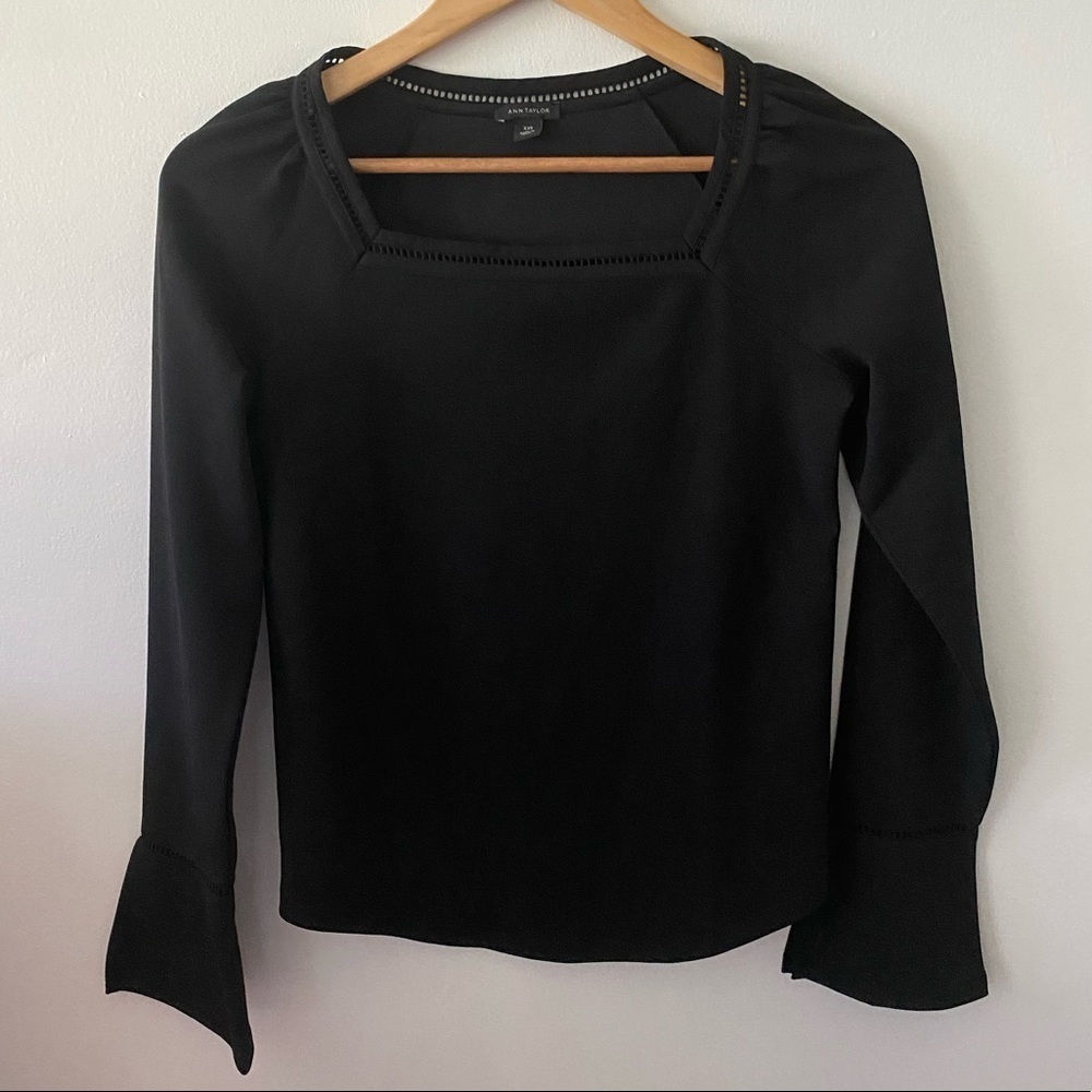 Ann Taylor Black Flare Sleeves Square Neck Top